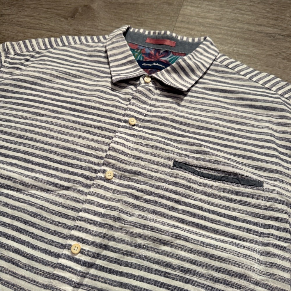 Tommy Bahama Shirt Mens 3XL Blue White Stripe 100% Cotton Short Sleeve Button UP